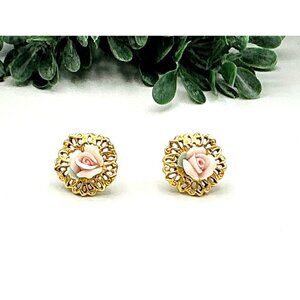 Vintage Porcelain Rose Gold Filigree Stud Earrings